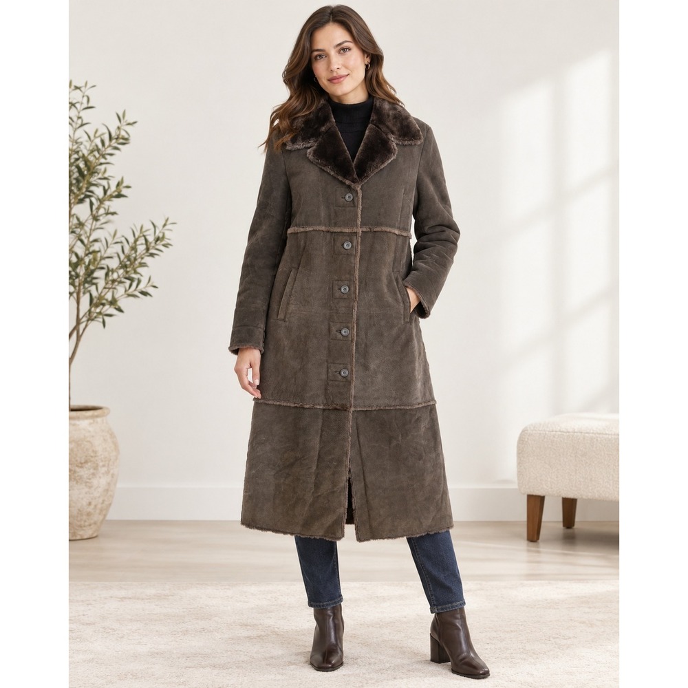 Komitor Brown Suede Leather Faux Fur Lined Long Trench Coat XL Penny Lane